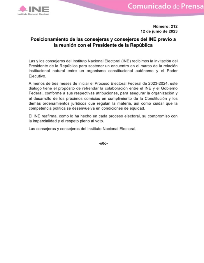 Comunicado de prensa del INE respecto a la posible reunión planteada por el Presidente Andrés Manuel López Obrador. Foto: INE