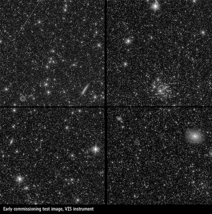 El instrumento VISible de Euclid (VIS) tomará imágenes del cielo en luz visible (550–900 nm) para tomar imágenes nítidas de miles de millones de galaxias y medir sus formas. Esta imagen se tomó durante la puesta en marcha de Euclid para comprobar que el instrumento VIS enfocado funcionaba como se esperaba.