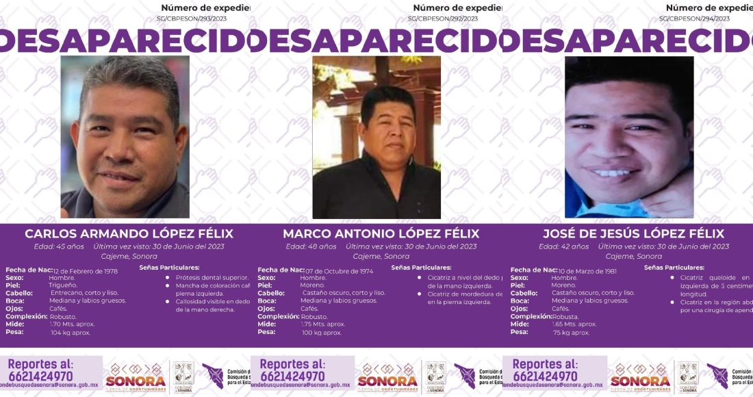 La Fiscalía General de Justicia del Estado (FGJE) Sonora confirmó anoche que fueron identificados los tres cuerpos encontrados en el municipio de Cajeme la tarde del sábado 8 de julio.