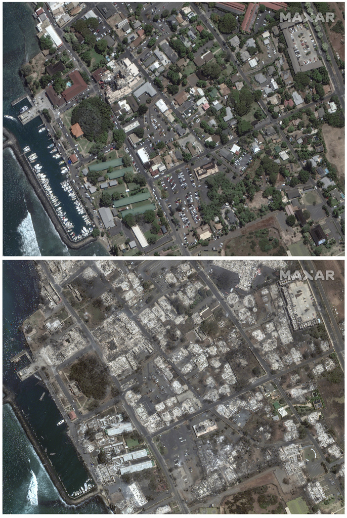 Esta combinación de imágenes suministradas por Maxar Technologies muestra una vista aérea de Banyan Court, en Lahaina, Maui, el 25 de junio de 2023 arriba, y otra de la misma zona el miércoles 9 de agosto tras el paso de un incendio forestal en la isla hawaiana. Foto: Maxar Technologies vía AP