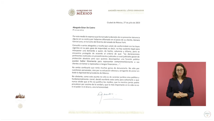 Carta del Presidente Andrés Manuel López Obrador al abogado César de Castro.