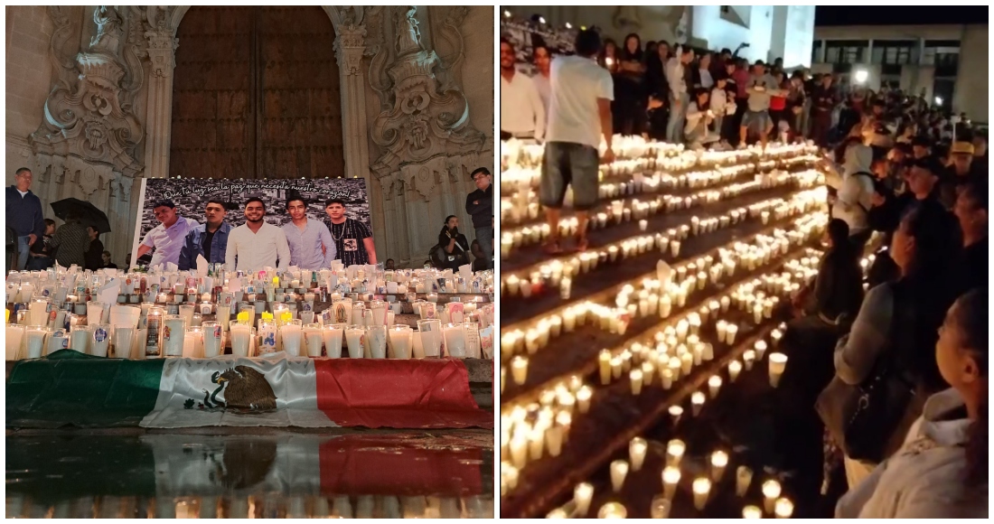 Con veladoras, fotografías y pancartas, familiares y amistades de los cinco muchachos desaparecidos encabezaron una marcha pacífica que concluyó en la Parroquia de la Asunción, en Lagos de Moreno. Las y los asistentes rezaron por su regreso y exigieron justicia a las autoridades. Foto: captura de pantalla