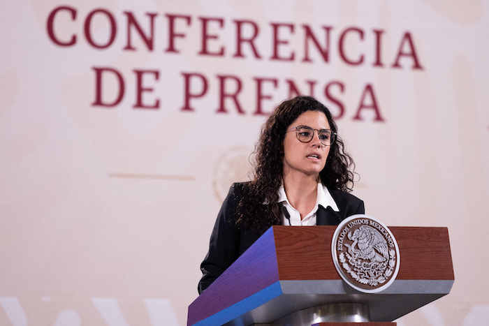 Luisa María Alcalde Luján, titular de la Secretaría de Gobernación (Segob), en la conferencia de prensa matutina del Presidente Andrés Manuel López Obrador.