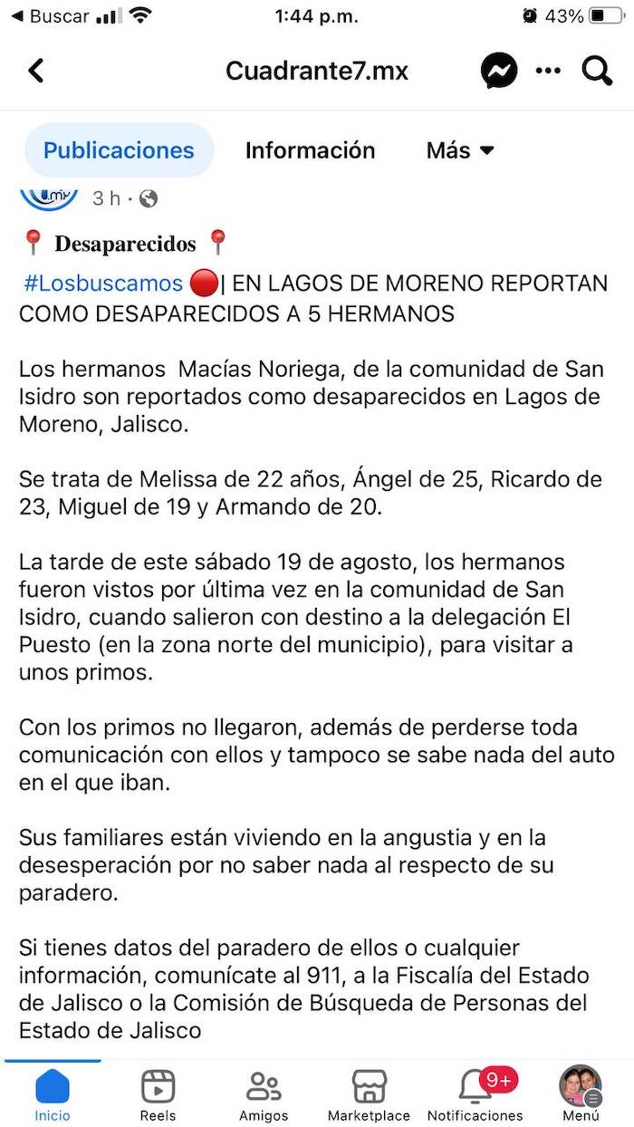 Publicación original de la falsa desaparición de cinco hermanos en Lagos de Moreno.