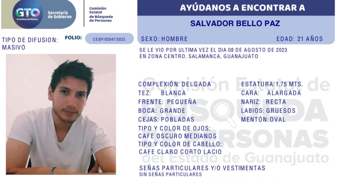 Salvador Bello Paz, estudiante de Ingeniería Mecánica de la Universidad de Guanajuato (UG), fue visto por última vez el pasado 8 de agosto, cuando se dirigía a hacer la despensa en el municipio de Salamanca, Guanajuato. Foto: Comisión Estatal de Búsqueda de Personas de Guanajuato