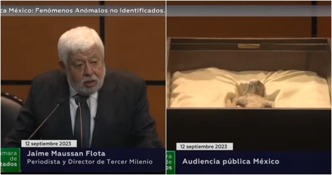 El ufólogo Jaime Maussan presentó este miércoles cuerpos momificados durante una audiencia pública en la Cámara de Diputados, impulsada por el Diputado morenista Sergio Gutiérrez Luna. Dichos restos tienen más de mil años, según una prueba de carbono 14 realizada por la Universidad Nacional Autónoma de México (UNAM). Foto: Cámara de diputados, captura de pantalla