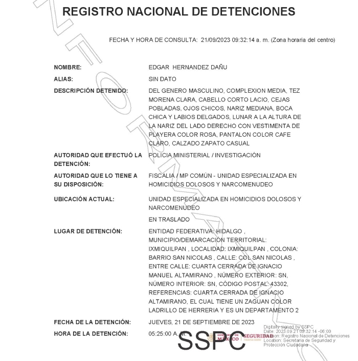 Registro sobre detención de Edgar Hernández, Diputado del PT en Hidalgo. Foto: Especial vía Registro Nacional de Detenciones