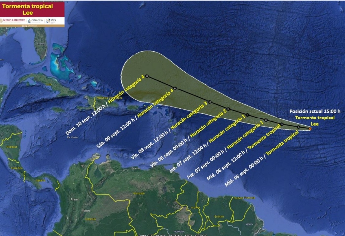 El Servicio Meteorológico Nacional de México confirmó este martes que la depresión tropical "Trece" se intensificó a tormenta tropical de nombre "Lee". Detalló que su ubicación es a dos mil 115 km al este de las Antillas Menores y no representa peligro para el país. Foto: Servicio Meteorológico Nacional