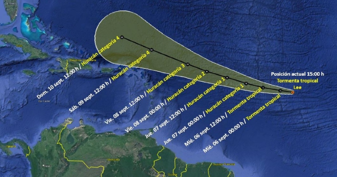 El Servicio Meteorológico Nacional de México confirmó este martes que la depresión tropical "Trece" se intensificó a tormenta tropical de nombre "Lee". Detalló que su ubicación es a dos mil 115 km al este de las Antillas Menores y no representa peligro para el país. Foto: Servicio Meteorológico Nacional