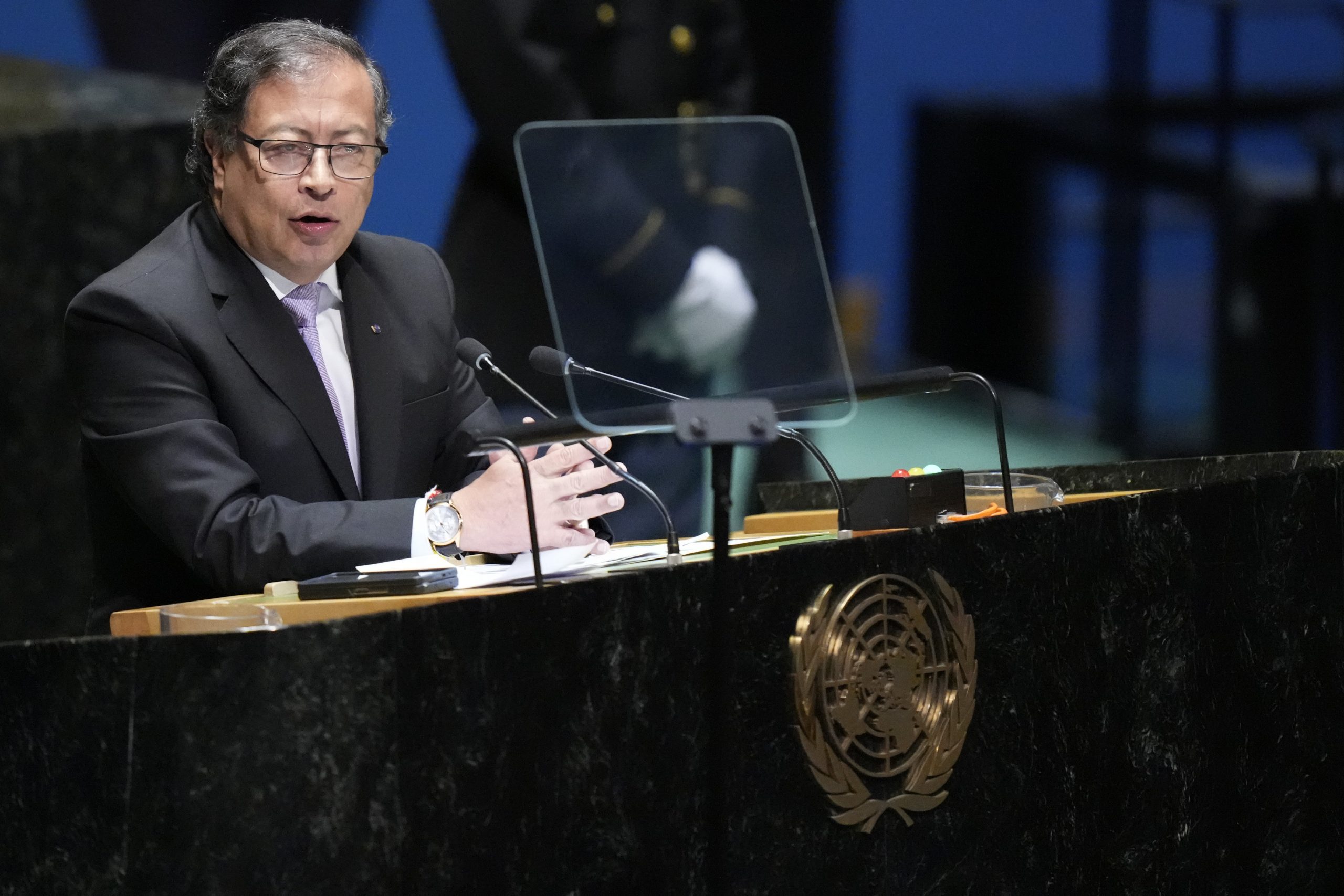 El Presidente colombiano, Gustavo Petro Urrego, pronuncia un discurso en la 78va sesión de la Asamblea General de Naciones Unidas, el martes 19 de septiembre de 2023, en la sede de la ONU. Foto: Mary Altaffer, AP