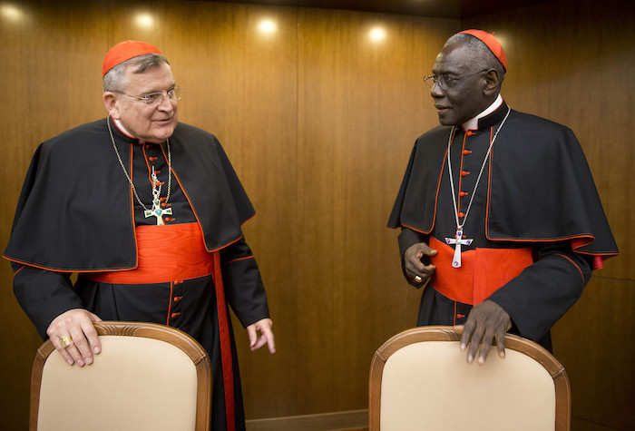 El cardenal Raymond Leo Burke, a la izquierda, habla con el cardenal Robert Sarah, entonces prefecto de la Congregación para el Culto Divino y la Disciplina de los Sacramentos, a su llegada para la presentación de su libro Divine Love Made Flesh, en Roma, el miércoles 14 de octubre de 2015.