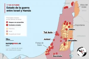 Mapa con el estado de la guerra entre Israel y Hamás el 17 de octubre de 2023. Israel entró en guerra con Hamás tras el ataque lanzado contra el país el 7 de octubre.