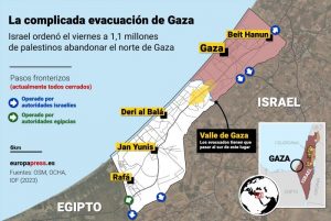 Mapa de la situación de la evacuación de Gaza desde que Israel ordenó el viernes 13 de octubre de 2023 a los 1.1 millones de palestinos que viven en este territorio abandonar el norte de la región.