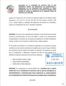 El dictamen de idoneidad de las tres candidatas a convertirse en Ministra de la Suprema Corte de Justicia de la Nación (SCJN), fue publicado este 28 de noviembre en la Gaceta del Senado.