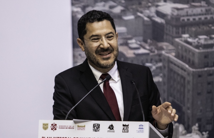 Martí Batres Guadarrama, Jefe de Gobierno de la Ciudad de México, encabeza la presentación del Plan Integral de Manejo del Centro Histórico 2023-2028.