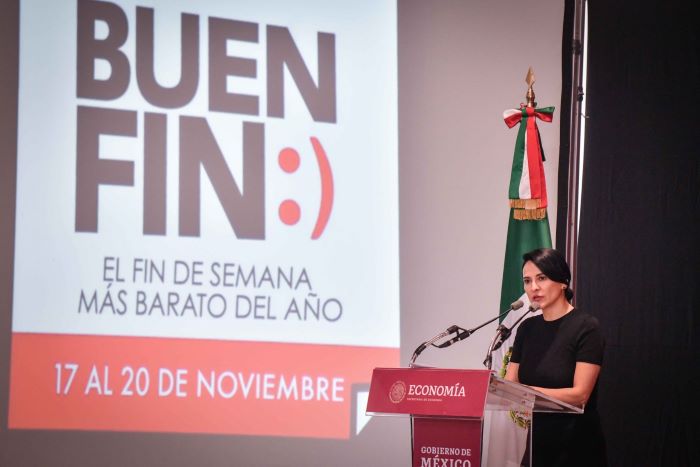 Surit Berenice Romero, titular de la Procuraduría Federal del Consumidor (Profeco), durante su intervención en la presentación de "El Buen Fin 2023" que se llevará a cabo del 17 al 20 de noviembre, donde establecimientos comerciales ofrecerán gran variedad de descuentos y promociones en productos y servicios.