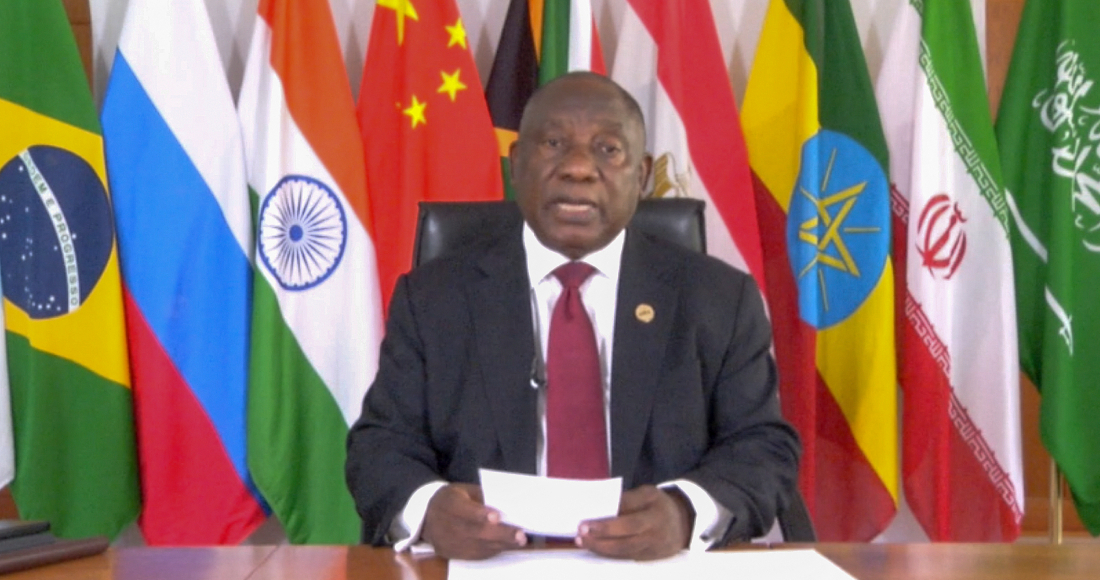 El presidente sudafricano Cyril Ramaphosa en la reunión virtual de los países BRICS, el 21 de noviembre de 2023. Foto cortesía de la Presidencia de Sudáfrica.