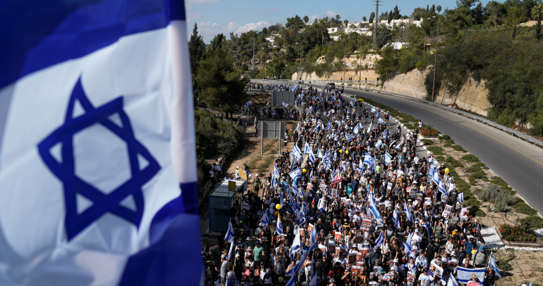 La marcha que exigía la libertad de los rehenes israelíes retenidos por Hamás, en Mevaseret Zion, cerca de Jerusalén, el 18 de noviembre de 2023.