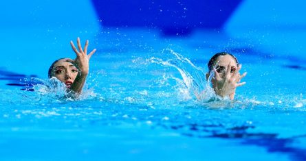 Las mexicanas Nuria Diosdado y Joana Jiménez compiten en la prueba de dueto técnico de la natación artística de los Juegos Panamericanos en Santiago, Chile, el jueves 2 de noviembre de 2023. Foto: Esteban Félix, APLas mexicanas Nuria Diosdado y Joana Jiménez compiten en la prueba de dueto técnico de la natación artística de los Juegos Panamericanos en Santiago, Chile, el jueves 2 de noviembre de 2023.