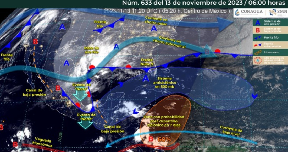 La Comisión Nacional del Agua (Conagua), a través del Servicio Meteorológico Nacional, informó hoy lunes que el frente frío número 9 prevalecerá con caracter de estacionario en el Golfo de México y provocará lluvias y bajas temperaturas en algunos estados del país.