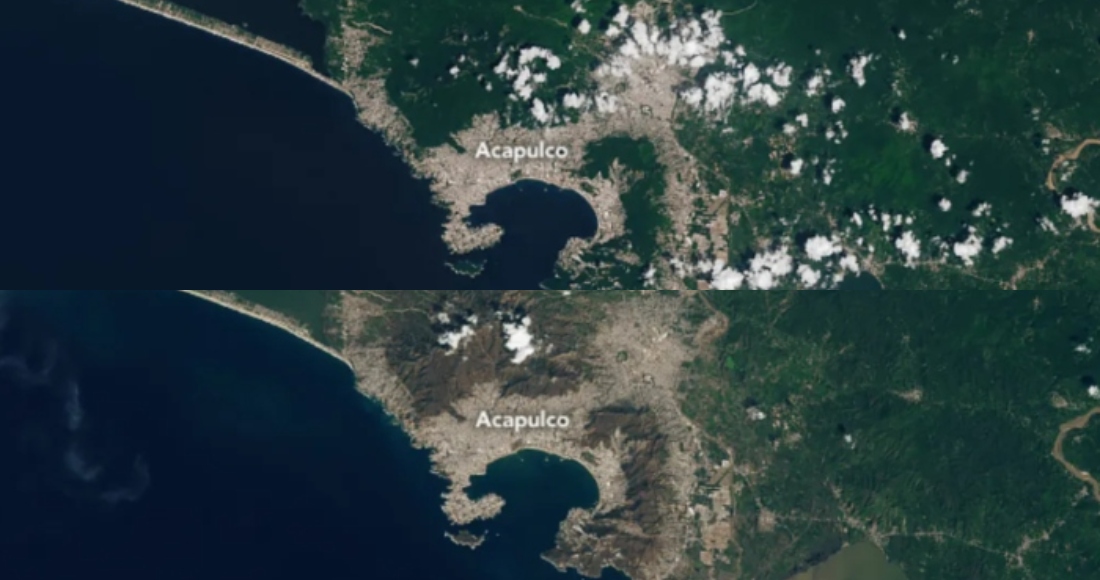 Comparativa de la costa de Acapulco antes y después del impacto del huracán "Otis". Fotos: Michala Garrison, Observatorio de la Tierra de la NASA