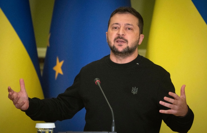 El Presidente ucraniano Volodymyr Zelenskyy durante una conferencia de prensa en Kiev, el sábado 4 de noviembre de 2023.