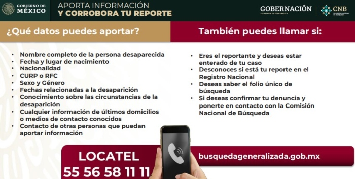 La Secretaria de Gobernación presentó el teléfono y la página web para realizar reportes de personas desaparecidas, además de datos que la ciudadanía puede aportar para dotar de mayor información la denuncia que se desee interponer. 