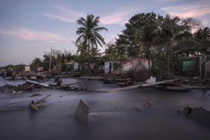 Escombros de una casa colapsada y árboles caídos en la costa de la comunidad de El Bosque, en el estado de Tabasco, México, el jueves 30 de noviembre de 2023. Las inundaciones provocadas por uno de los aumentos del nivel del mar más rápidos del mundo, y por tormentas invernales cada vez más brutales, han destruido prácticamente la localidad.