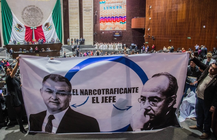 Manifestaciones en contra de Genaro García Luna, exsecretario de Seguridad Pública y recientemente declarado culpable por presuntos nexos con el narcotráfico, el 23 de febrero de 2023. 