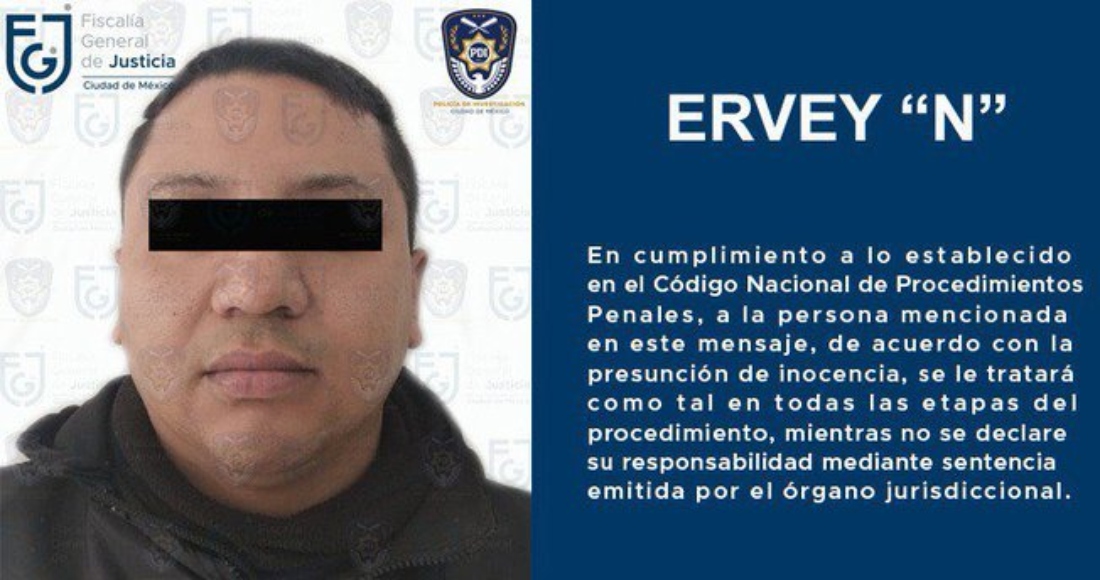 La Fiscalía General de Justicia de la Ciudad de México (FGJ-CdMx) informó este domingo que agentes de la Policía de Investigación (PDI) detuvieron a Ervey "N", repartidor que agredió sexualmente a una menor de edad el pasado 29 de noviembre en la colonia Barrio San Miguel, ubicada en la Alcaldía Iztapalapa.