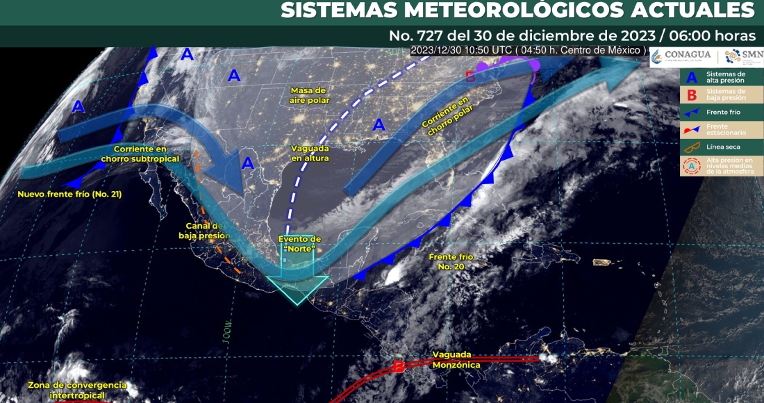 El Servicio Meteorológico Nacional (SMN) informó este sábado que el frente frío número 21, que se aproximará a Baja California, ocasionará chubascos en dicha entidad; mientras que el frente número 20 se desplazará sobre el Mar Caribe y dejará de generar efectos en México.