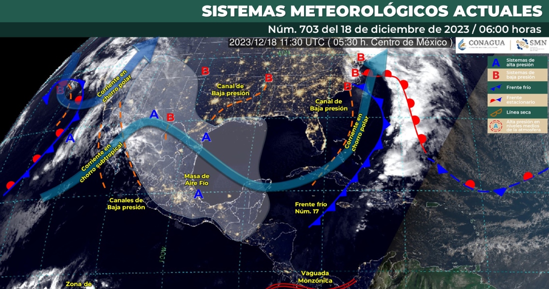 La masa de aire frío que impulsó al sistema frontal número 17 mantendrá el ambiente de frío a muy frío durante la mañana y la noche de este lunes en la mayor parte de las entidades del norte y centro de México.