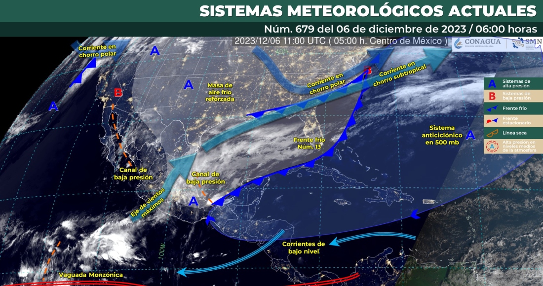 El Servicio Meteorológico Nacional (SMN) informó la mañana de este miércoles que el frente frío número 13 se extenderá sobre la Península de Yucatán y el sureste de México, que será reforzado por una masa de aire frío, y que tendrá interacción con el ingreso de humedad del Golfo de México y Mar Caribe.