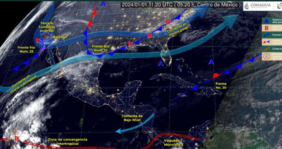 El frente frío número 23 ingresará por la región noroeste del país, en interacción con una baja presión de núcleo frío y las corrientes en chorro polar y subtropical, lo que dará origen a la tercera tormenta invernal de la temporada.