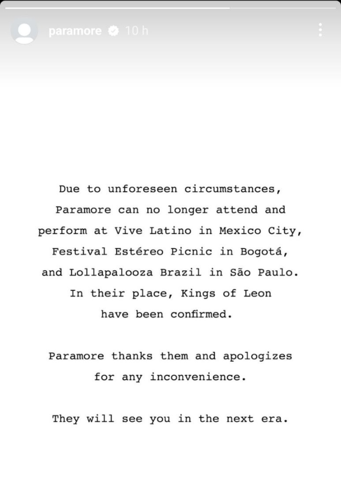 Paramore cancela su presentación en el Vive Latino 2024. Foto: Captura de Pantalla, Instagram @paramore