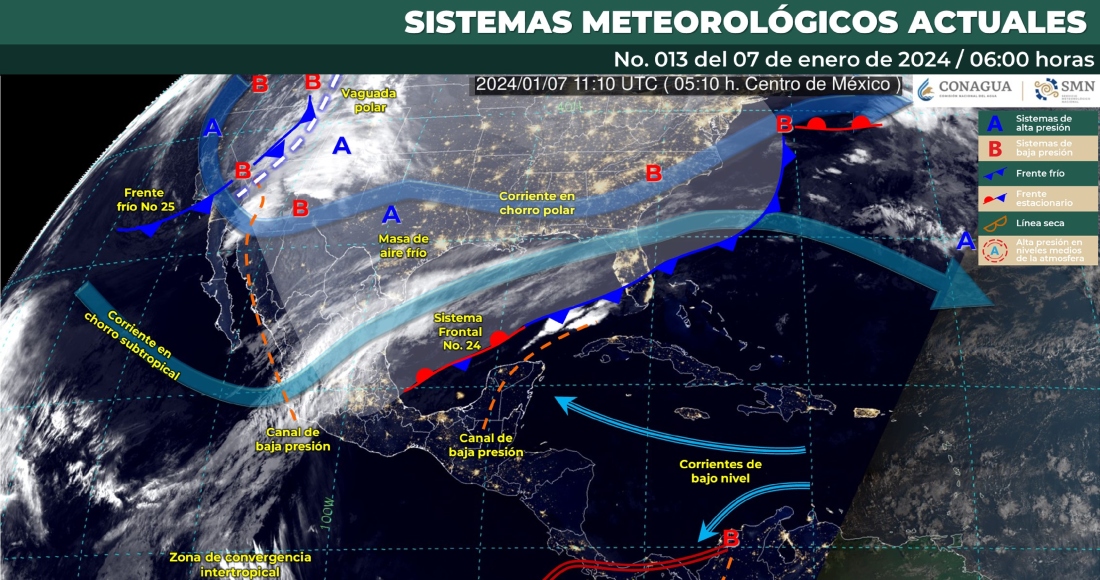 El Servicio Meteorológico Nacional (SMN) informó la mañana de este domingo que la cuarta tormenta invernal de la temporada se desarrolla en el noroeste de la República Mexicana, debido a la interacción del frente frío número 25 que ingresa sobre la Península de Baja California, la vaguada polar, y las corrientes en chorro polar y subtropical.