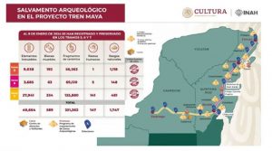 Durante la conferencia de prensa, Diego Prioto mostró un gráfico que expresa que desde el inicio de los trabajos de construcción de la vía ferroviaria hasta el 8 de enero, se han registrado y preservado en los tramos 5, 6 y 7: 40 mil 664 inmuebles, 589 bienes muebles, 251 mil 362 fragmentos de cerámica, 147 restos humanos y mil 747 rasgos naturales. 