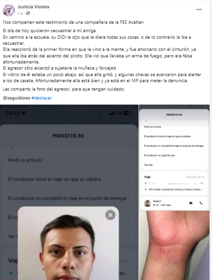 Una alumna de la Facultad de Estudios Superiores (FES) campus Acatlán, en el Estado de México, logró defenderse de un conductor de plataforma digital que intentó asaltarla y posteriormente secuestrarla. Foto: Captura de pantalla.