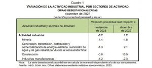  En el país, la actividad industrial se redujo en un .7 por ciento respecto al mes de noviembre del mismo año. En específico en las actividades de generación, transmisión, distribución y comercialización de energía eléctrica, suministro de agua y gas natural por ductos al consumidor final, construcción e industrias manufactureras.