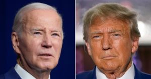 En esta combinación de fotos, el Presidente Joe Biden (izquierda) durante un evento el 10 de agosto de 2023 en Salt Lake City, y el expresidente Donald Trump durante un evento el 13 de junio de 2023, en Bedminster, Nueva Jersey.