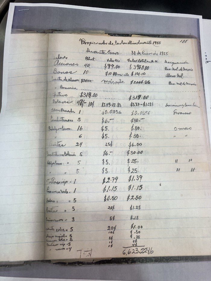 Hoja escrita a mano sobre las propiedades de Carlos Slim desde 1955.