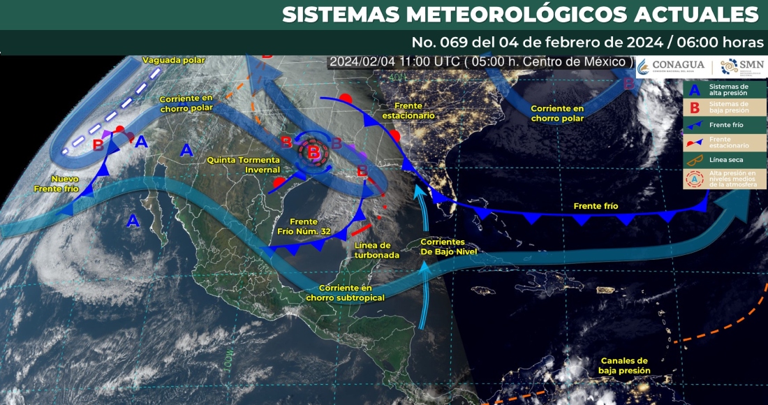 El Servicio Meteorológico Nacional (SMN) informó este domingo que el frente frío número 32 se desplazará sobre el Golfo de México, y que en combinación con el ingreso de aire húmedo del Océano Pacífico, generará lluvias con chubascos en Veracruz, Oaxaca y Chiapas; así como lluvias aisladas en zonas de Hidalgo, Puebla, Tabasco, Campeche, Yucatán y Quintana Roo.