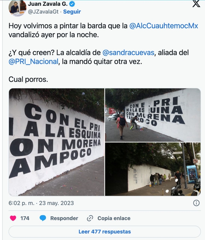 En respuesta, Movimiento Ciudadano volvió a pintar la barda con un nuevo mensaje: “Con el PRI ni a la esquina, con Morena tampoco”, decía. Foto: Captura de pantalla