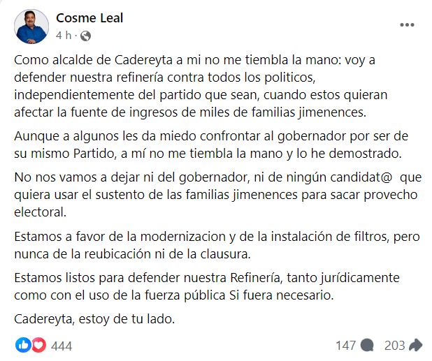 "Voy a defender nuestra refinería contra todos los políticos, independientemente del partido que sean", dijo el Alcalde de Cadereyta ante la propuesta de Gálvez.