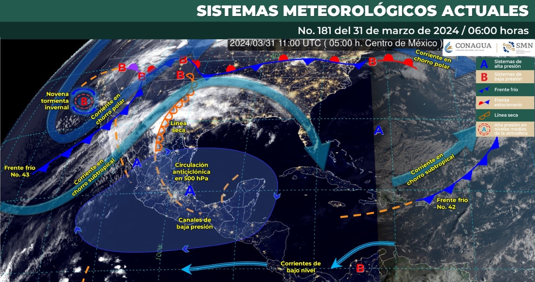 El Servicio Meteorológico Nacional (SMN) informó este domingo que el frente frío número 43 y la Novena Tormenta Invernal generarán lluvias de fuertes a muy fuertes en el noroeste y norte de México.