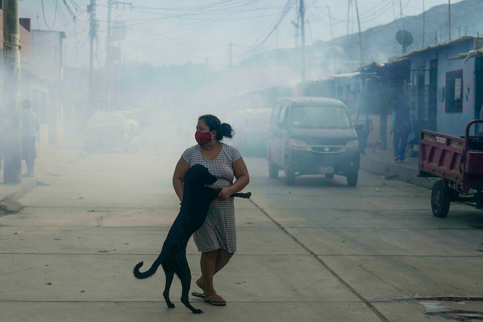 Un mujer sujeta a su perro durante la campaña de fumigación contra mosquitos para ayudar a mitigar la expansión de los casos de dengue en el barrio de Las Peñitas de Talara, Perú, el viernes 1 de marzo de 2024.