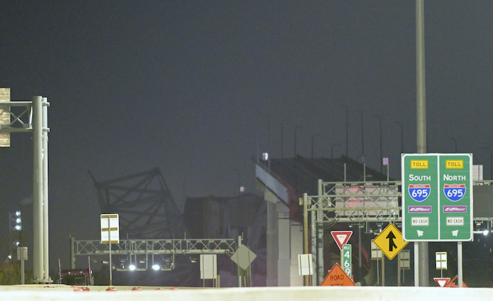 Vista del puente Francis Scott Key tras sufrir el impacto de un mercante y un derrumbe parcial, el 26 de marzo de 2024, en Baltimore, Maryland.