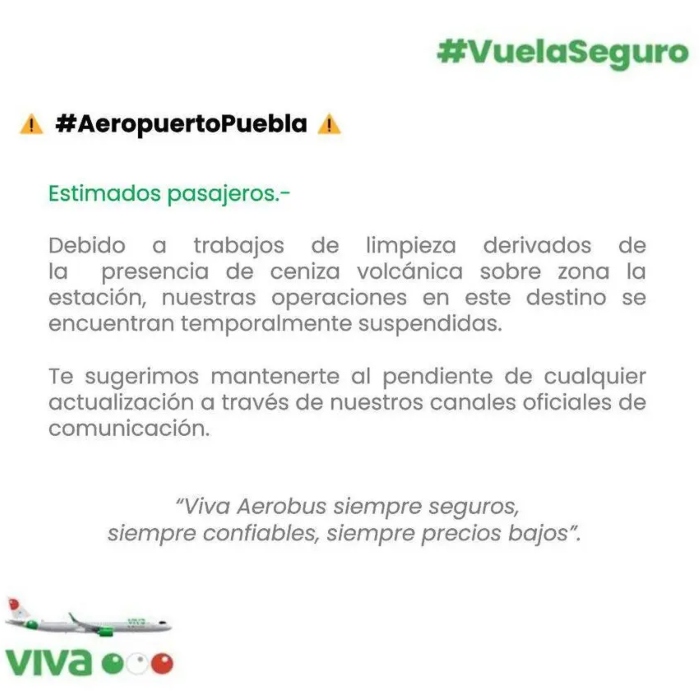 Comunicado de Viva Aerobús sobre cancelación de operaciones por ceniza volcánica