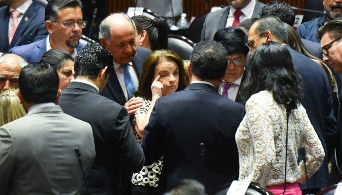 Ivonne Cisneros, Diputada de Morena y presidenta de la Comisión de Seguridad Social, observa a Ignacio Mier, Diputado y coordinador de Morena, durante la sesión ordinaria semipresencial de la Cámara de Diputados, en la que se contemplaba la discusión del dictamen para la creación del Fondo de Pensiones para el Bienestar. 