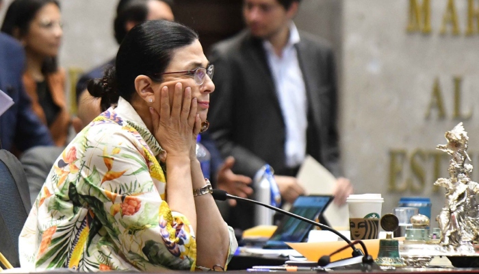 Marcela Guerra, presidenta de la Mesa Directiva, durante la sesión ordinaria semipresencial de la Cámara de Diputados, en la que se contemplaba la discusión del dictamen de la Comisión de Seguridad Social para la creación del Fondo de Pensiones para el Bienestar. 